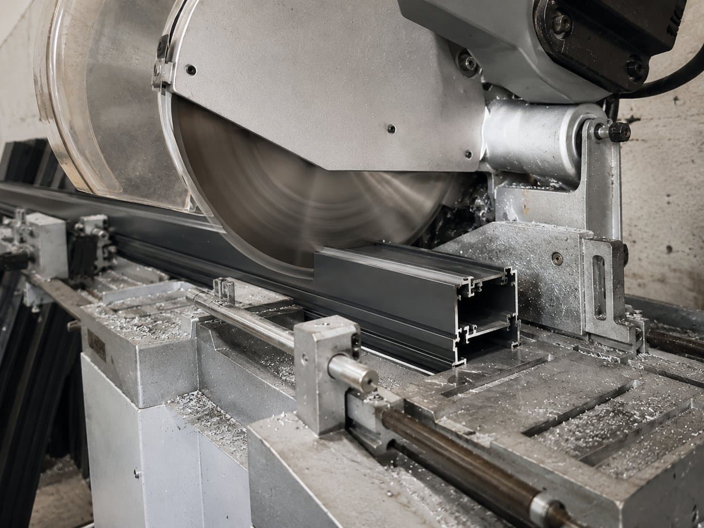 Anthracite aluminium profile being cut on a mitre saw
