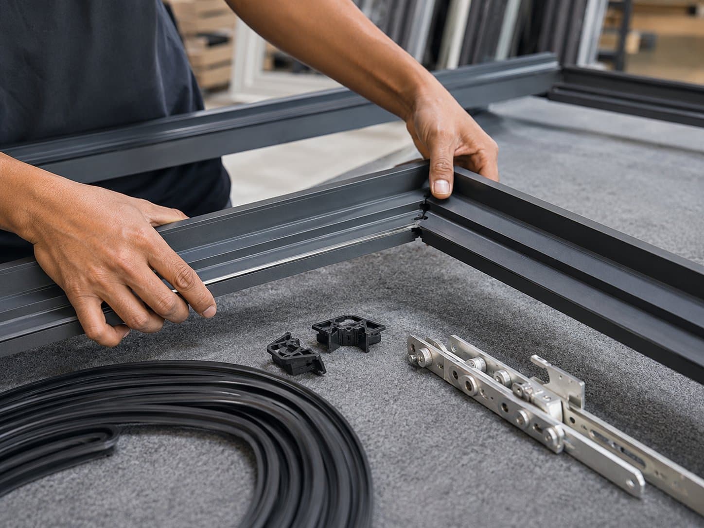 Window frame corner assembly with gasket cord and multi-point hardware